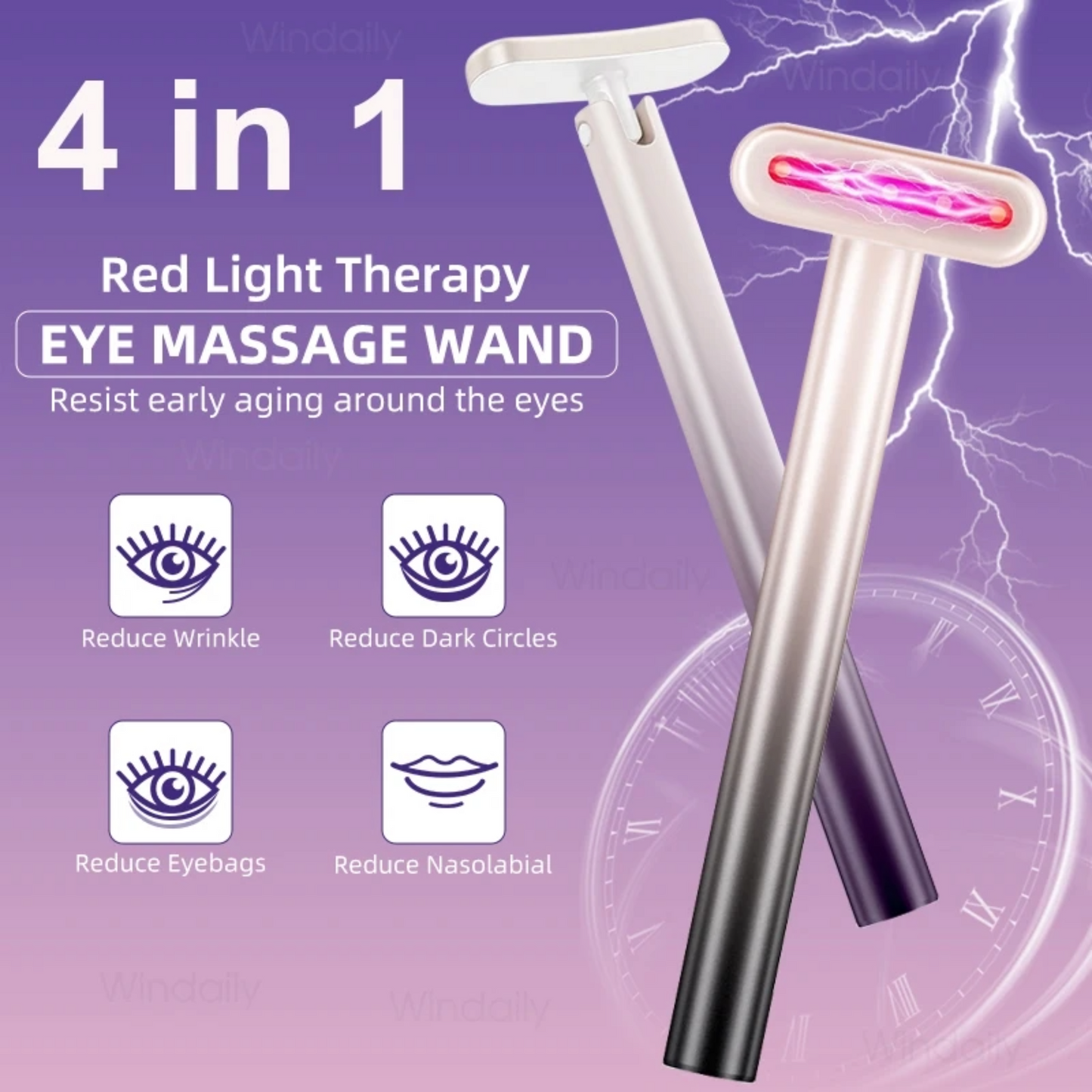 4 in 1 red light therapy wand with lightening in the background and icons claiming it reduces wrinkles, reduces dark circles, reduces eyebags and reduces nasolabial.