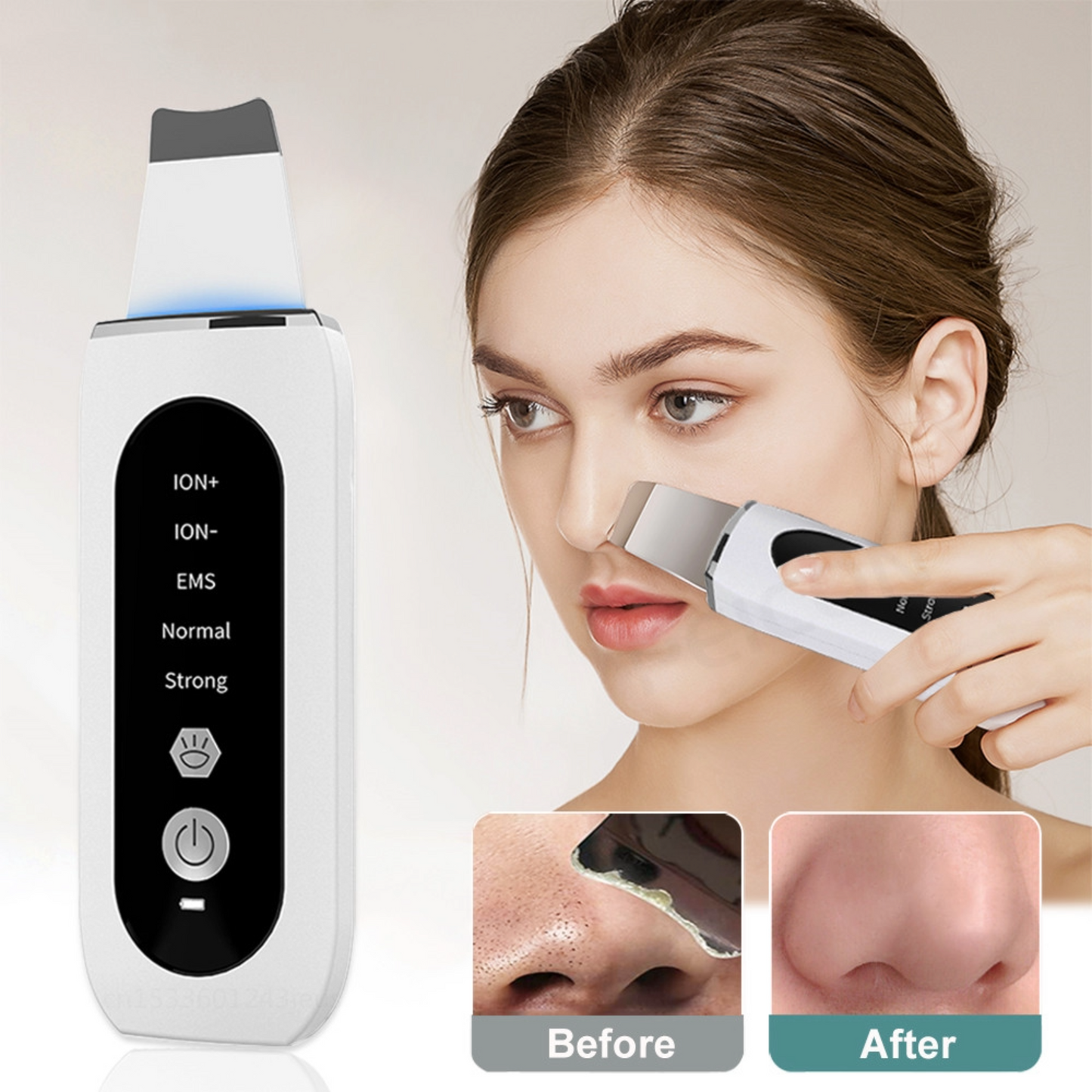 Woman demonstrating Ultrasonic 5in1 Skin Scrubber device with before and after nose photos.