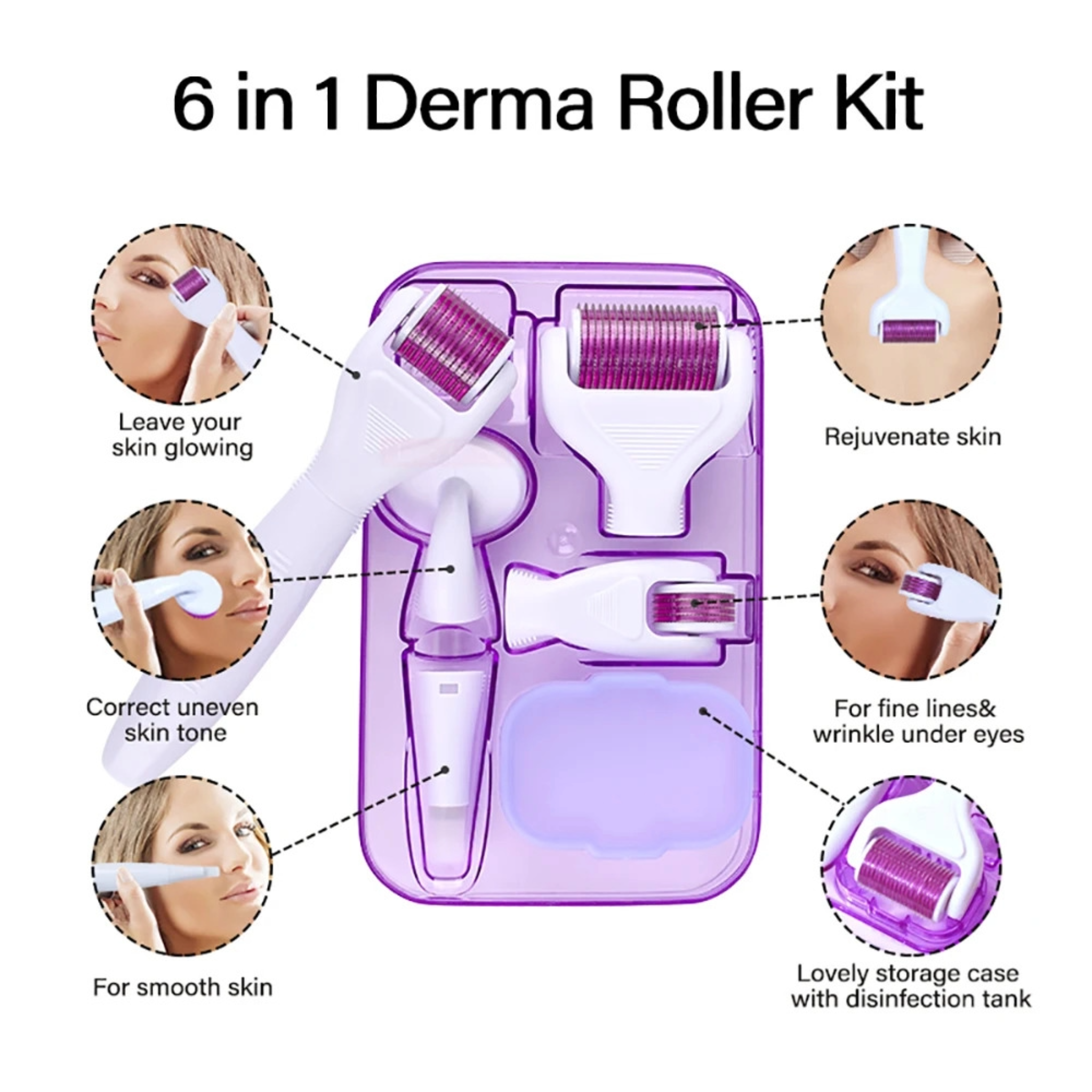 6 in 1 Derma Roller Kit with icons explaining features and benefits.