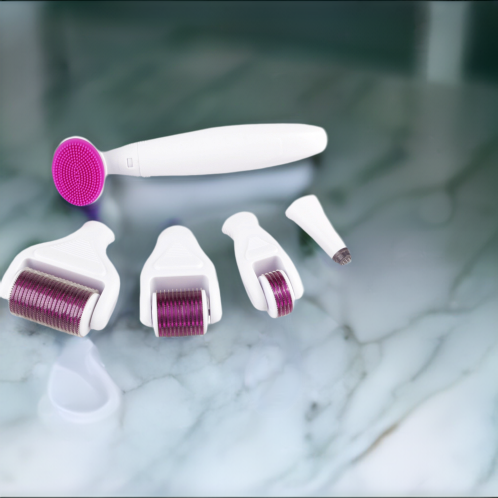 6 in 1 white and purple Derma Roller System displayed on a marble table.