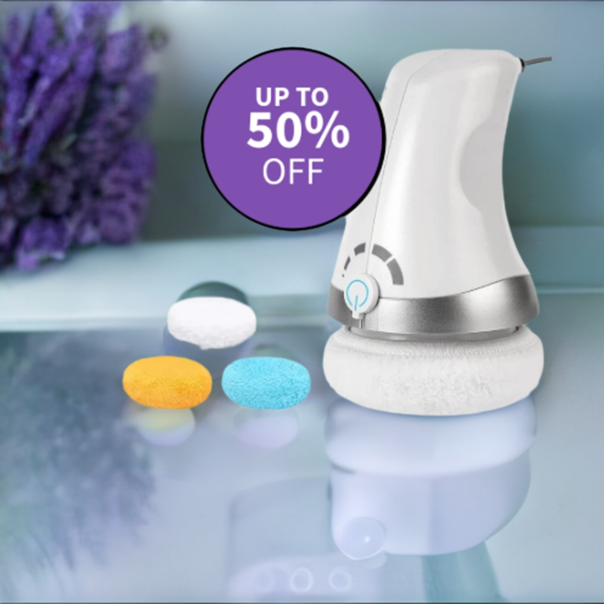 Body Shaper Massager on glassy surface with lavender flower in the background and a 50 percent off decal.