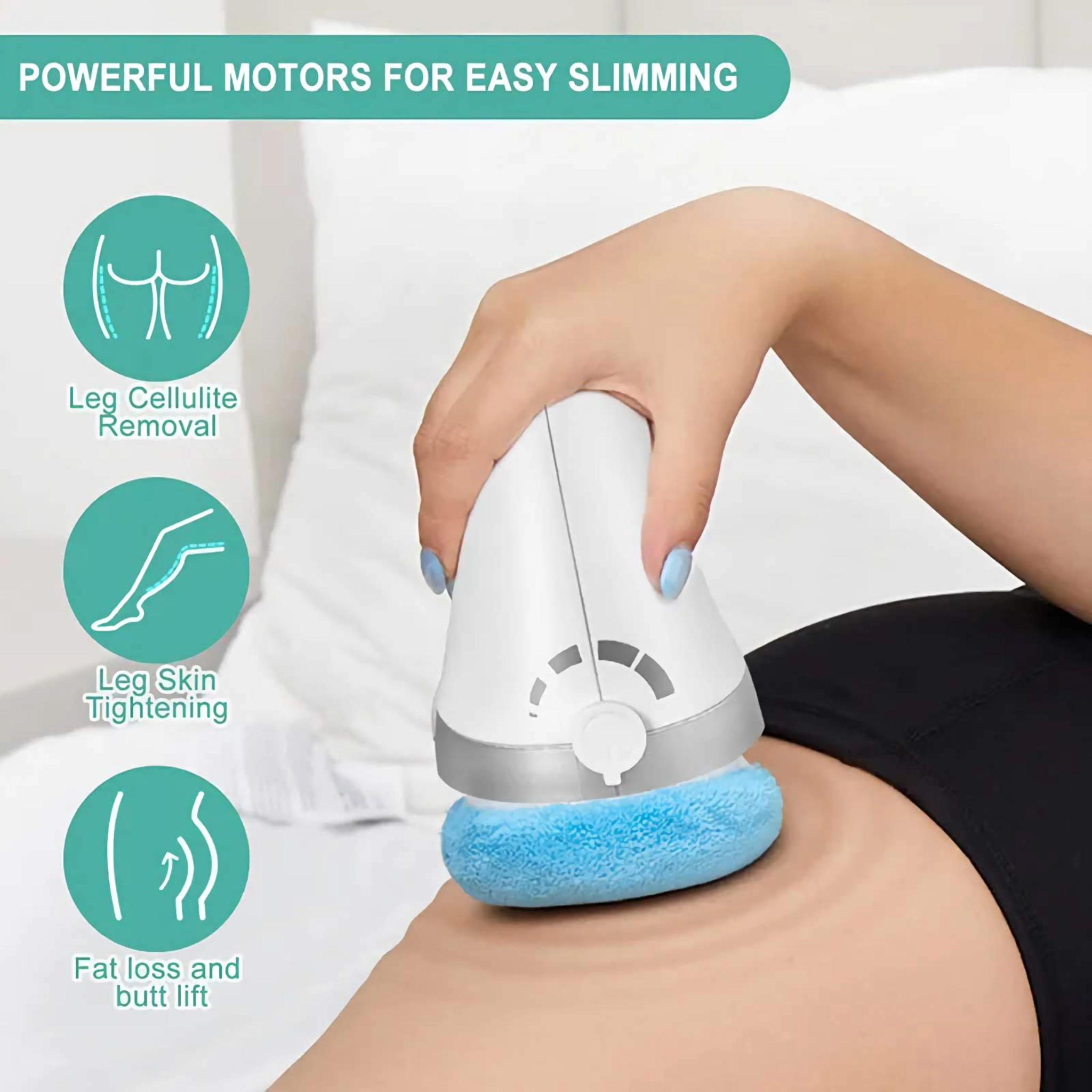 Body Shaper Massager on a woman's leg with icons displaying stubborn areas of cellulite.