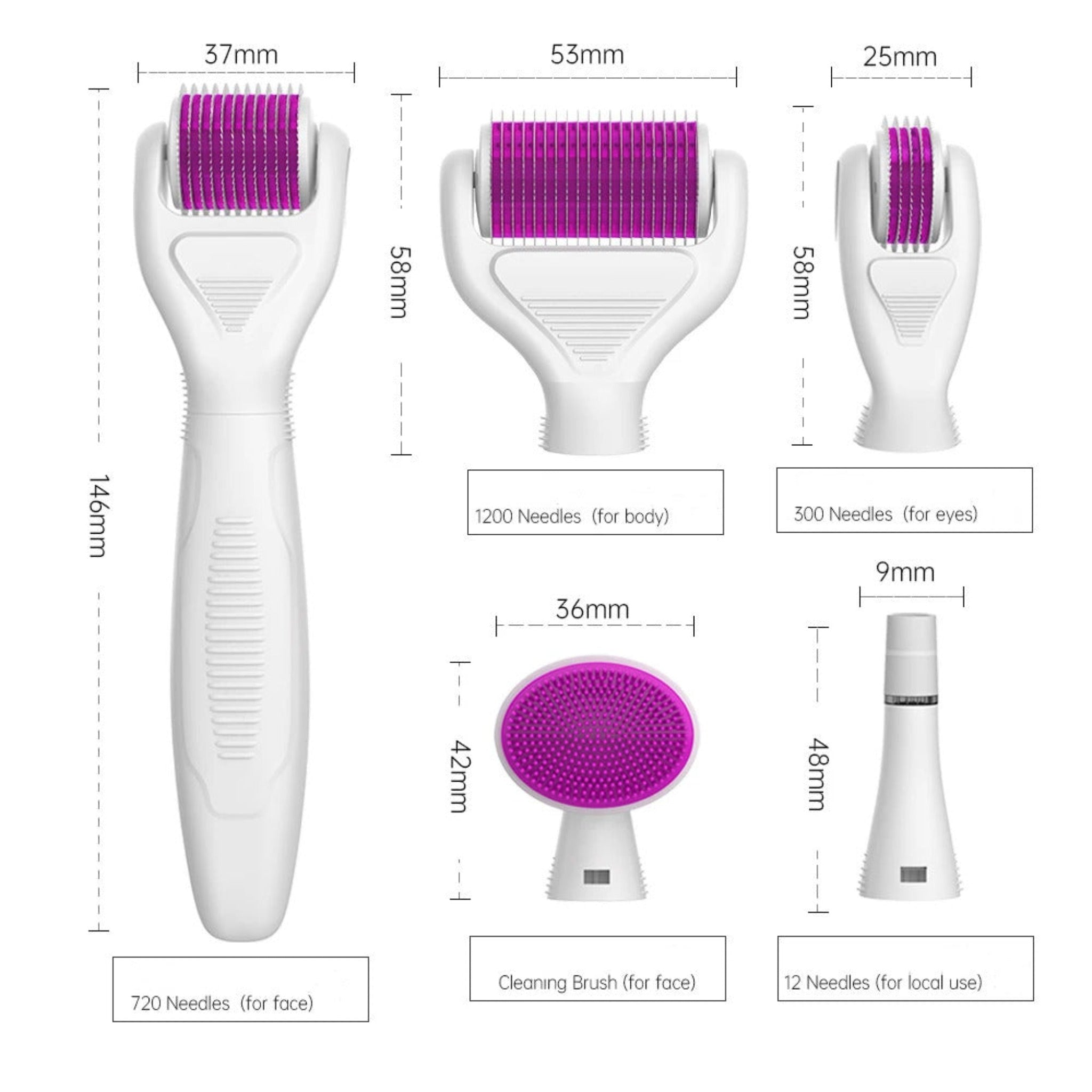  6 In 1 Derma Roller System showing measurements and specs.