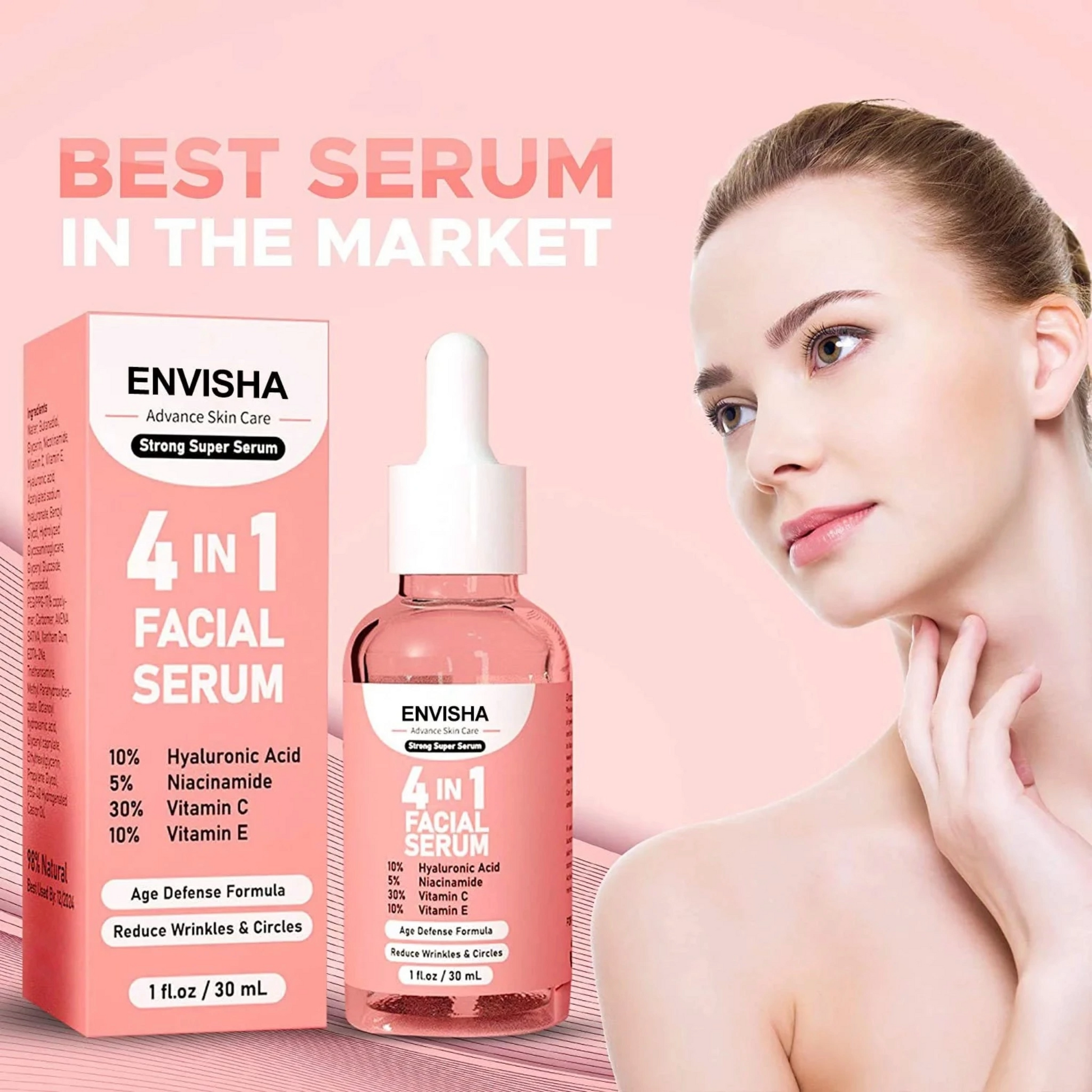 Envisha 4-in-1 Facial Serum in a pink bottle and container next to a beautiful woman: A powerful skincare solution for a radiant complexion.