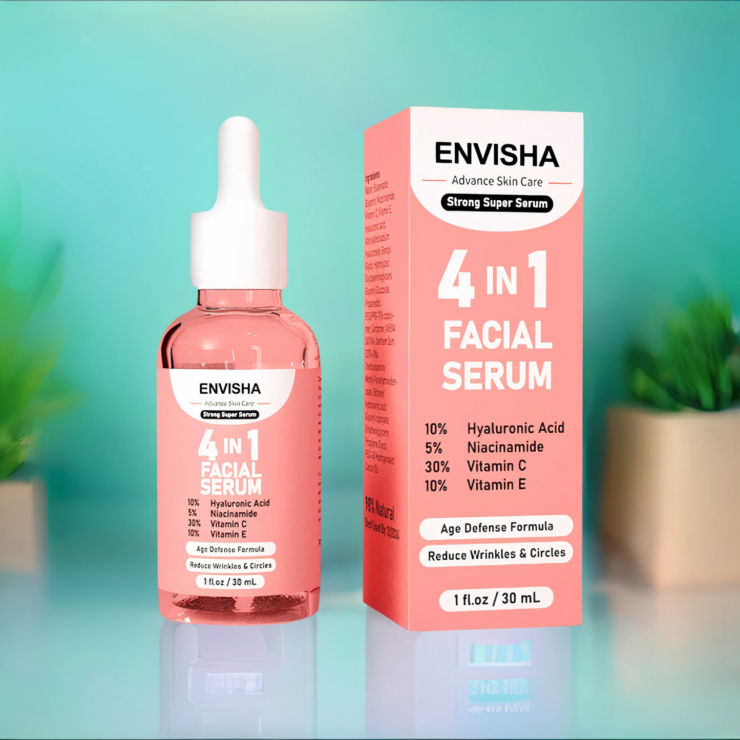 Envisha 4-in-1 Facial Serum in a pink container on a glassy platform: A powerful skincare solution for a radiant complexion.