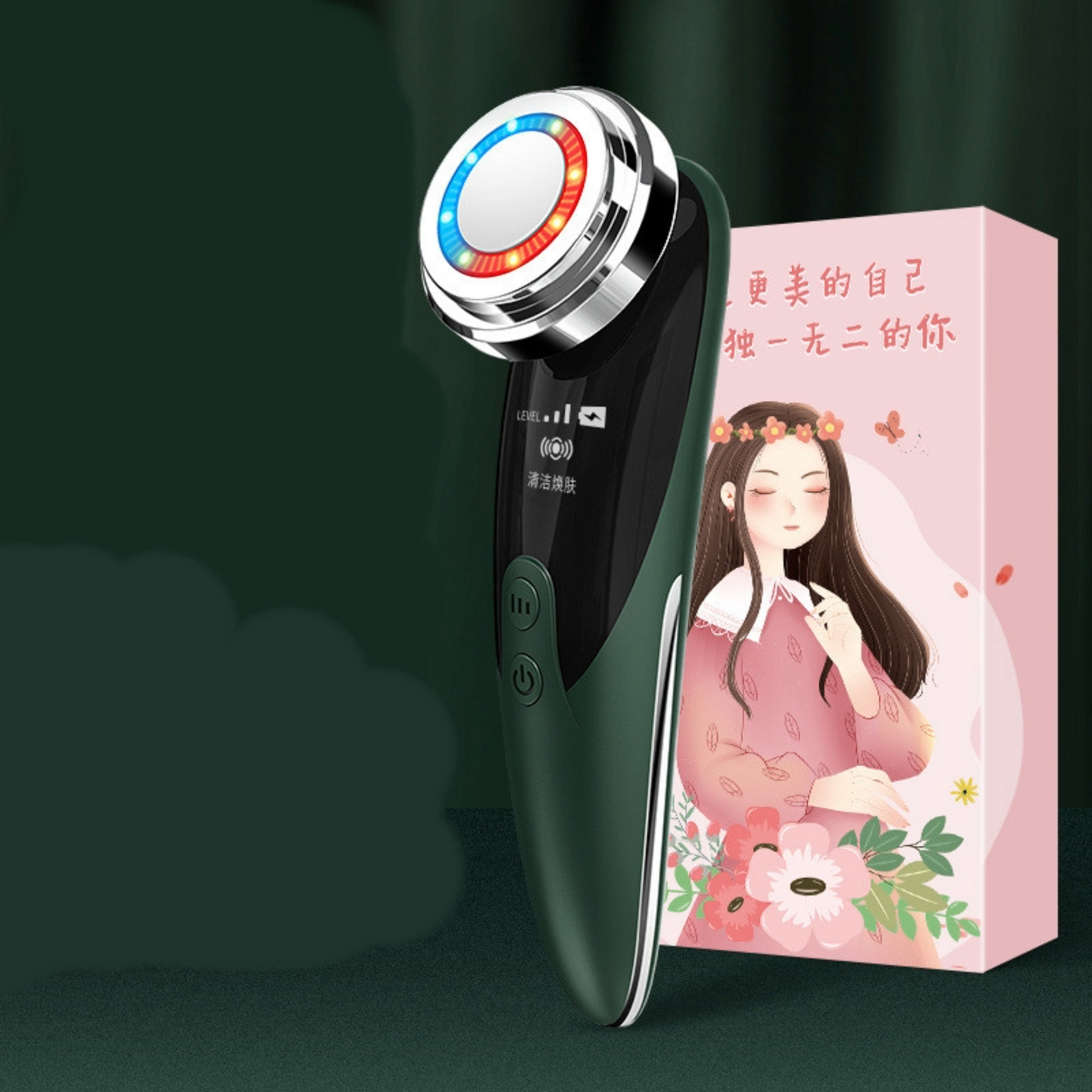 Green facial massage cleaner next to box with Asian writing and woman against a green background.