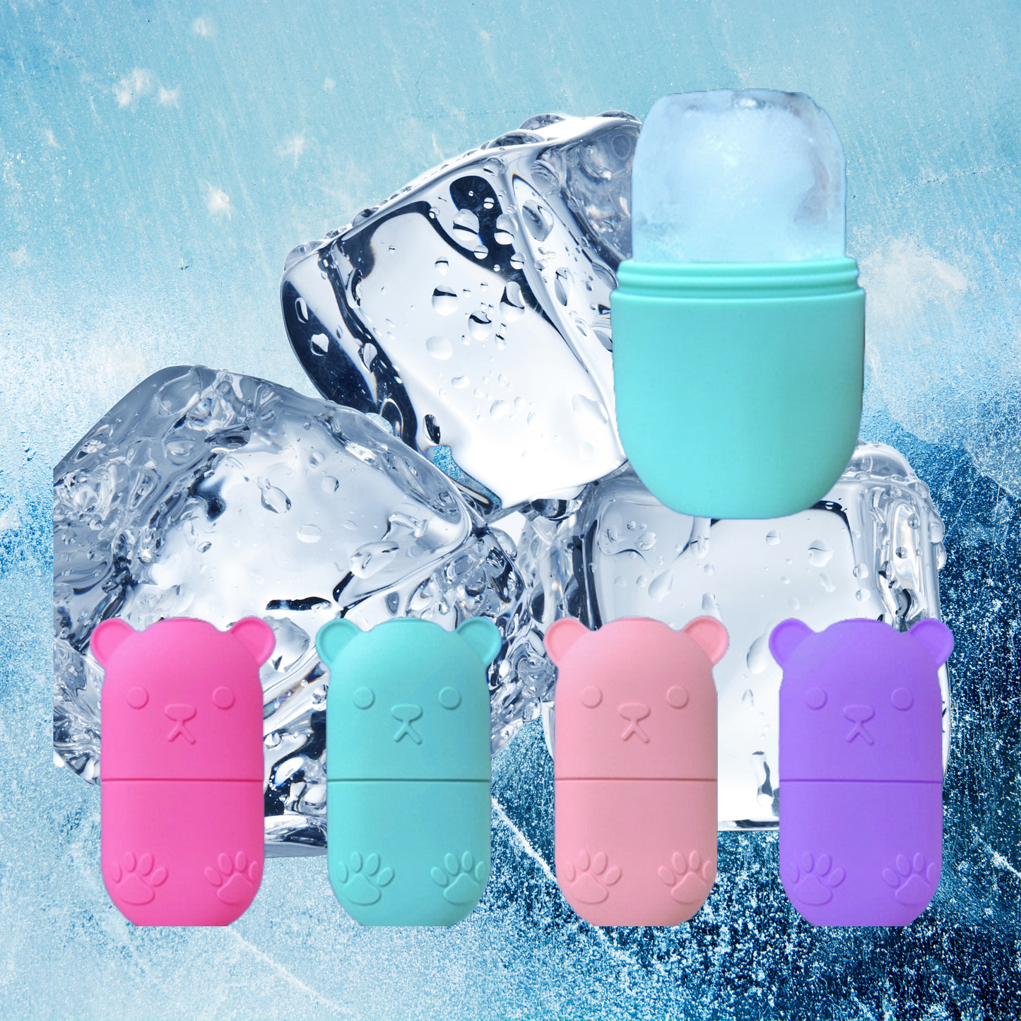 Rose red, blue, pink and purple ice face rollers with ice cubes and icy background.