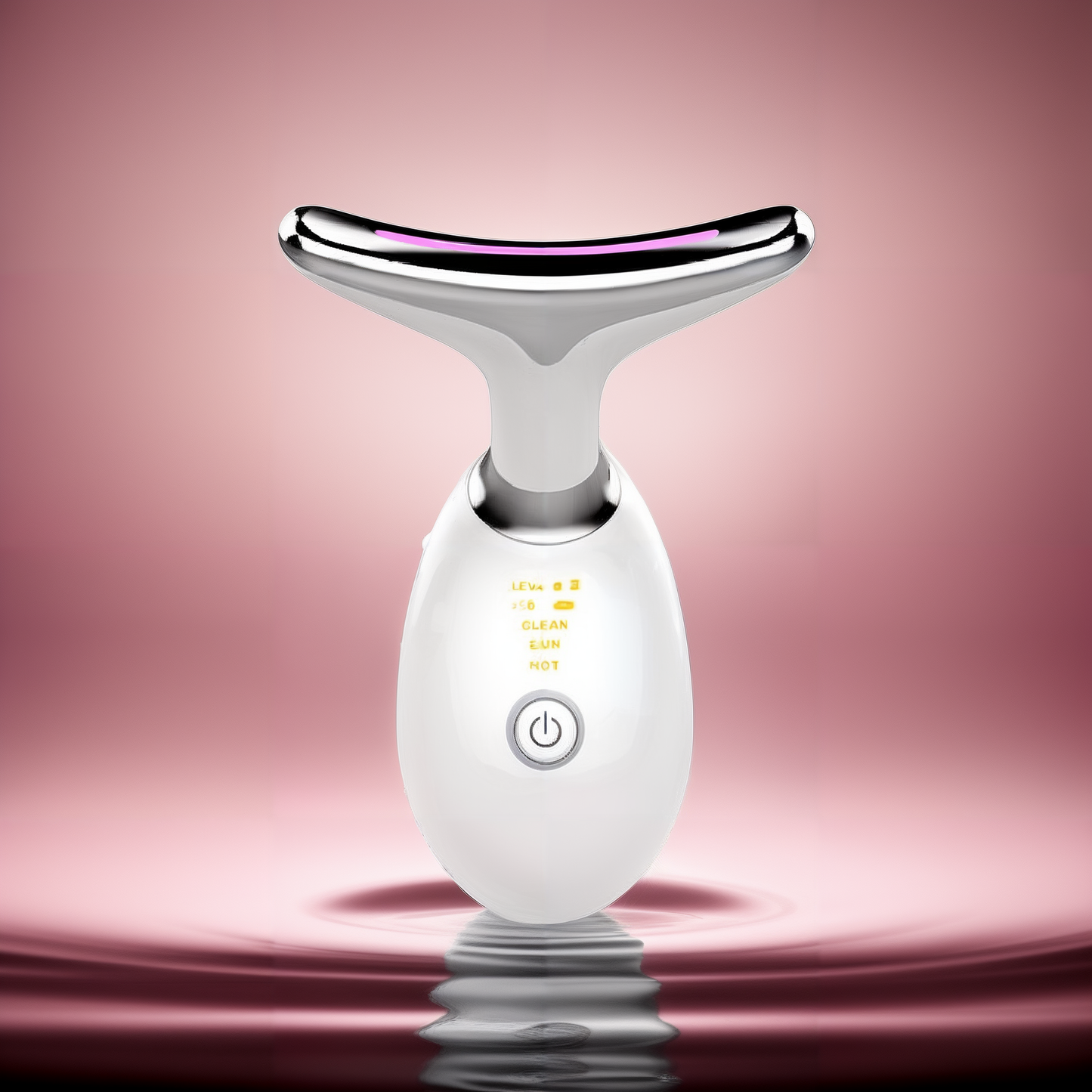 White and purple Neck Beauty Device resting on a liquid pool with a ripple.