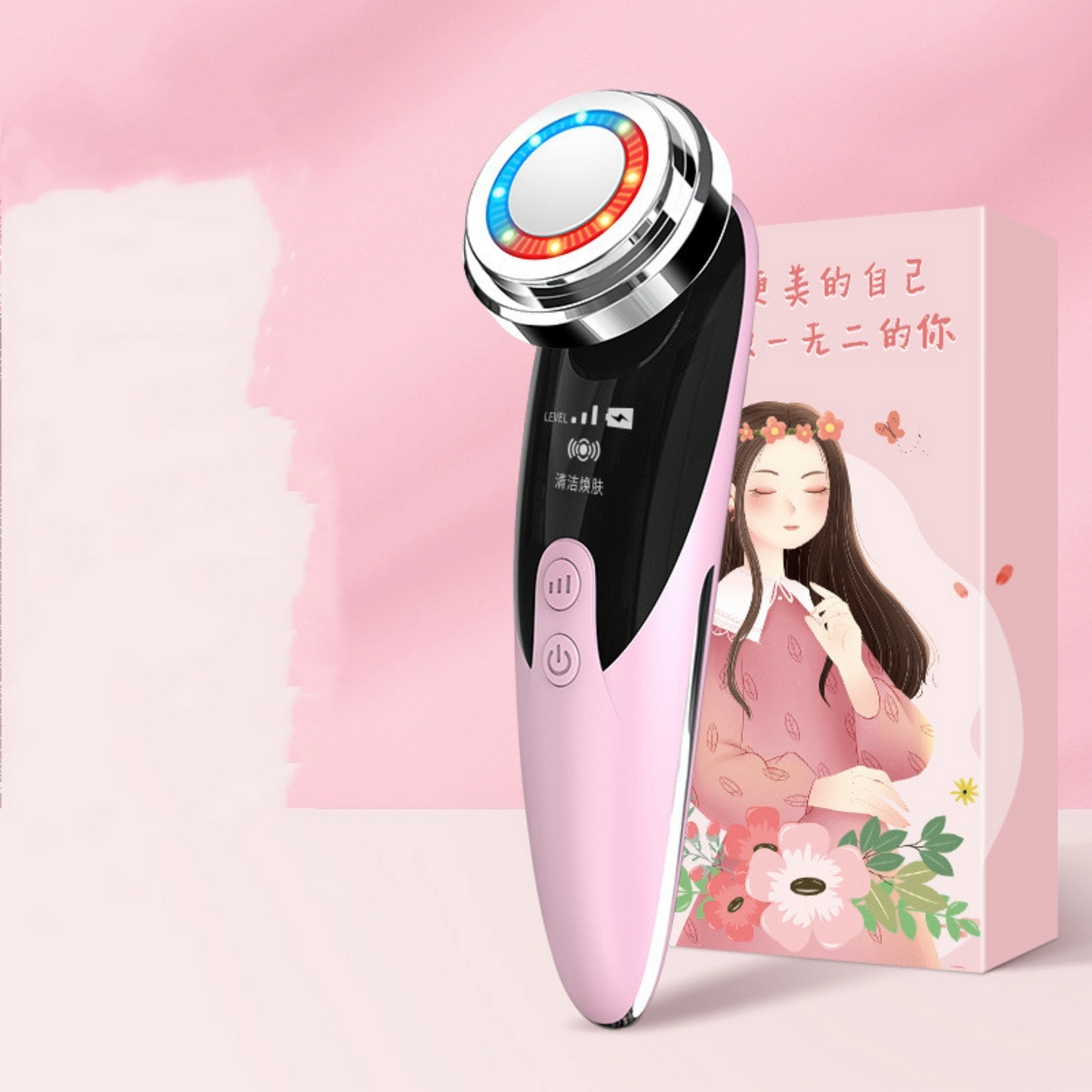 Pink facial massage cleaner next to box with Asian writing and woman against a pink and white background.