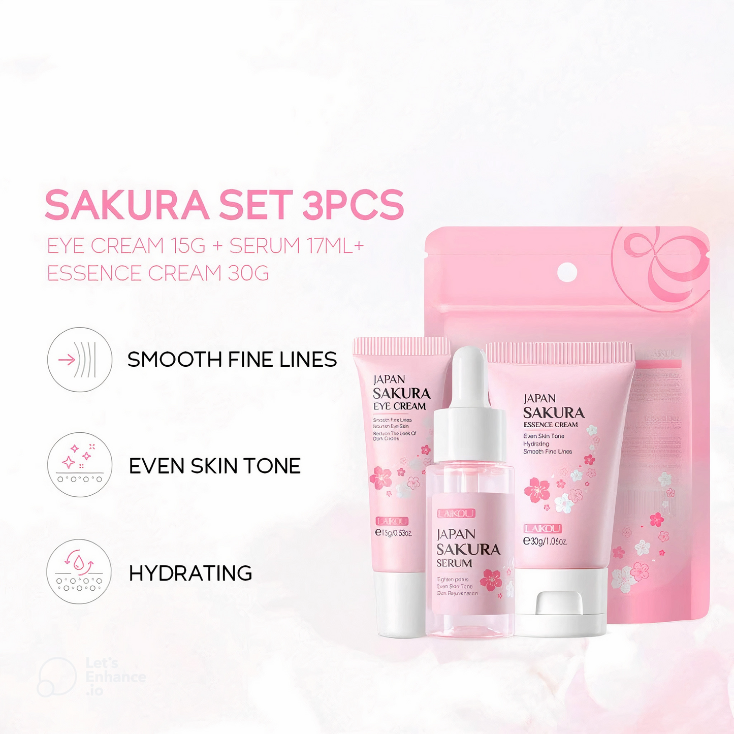 Sakura set: 3 pcs. A collection of three delicate cherry blossom-themed items.