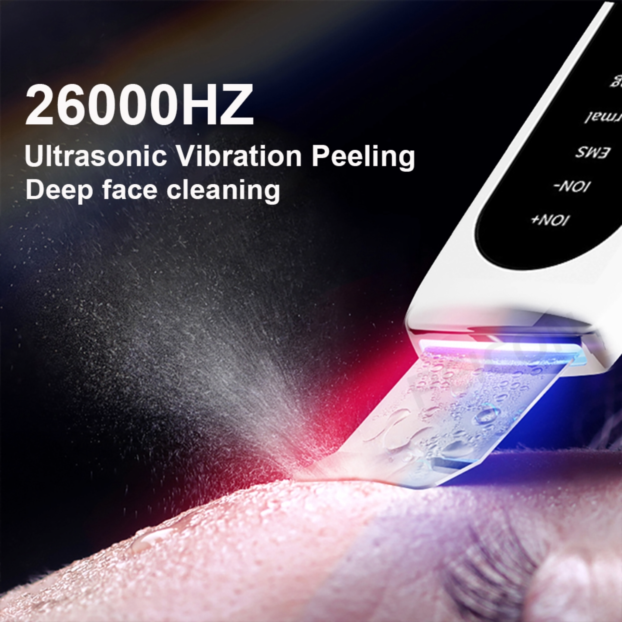 Close up of Ultrasonic 5in1 Skin Scrubber on a woman's cheek with words that say 2600hz of ultrasonic vibration peeling deep face cleaning.