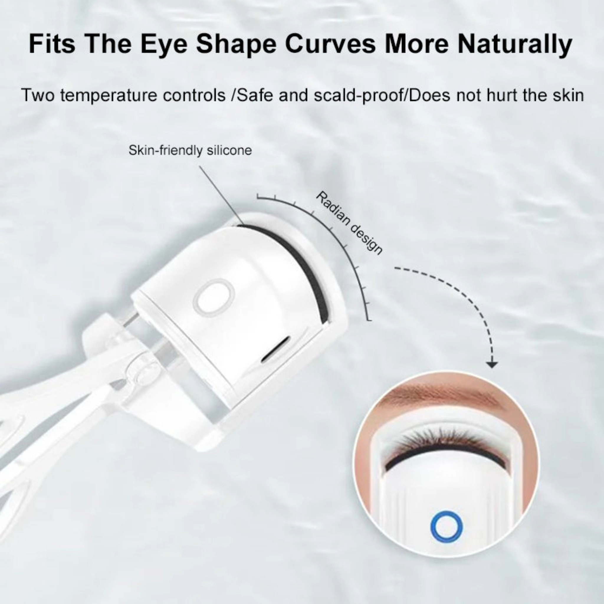 White electric heated eyelash curler showing temperature controls and safety features.