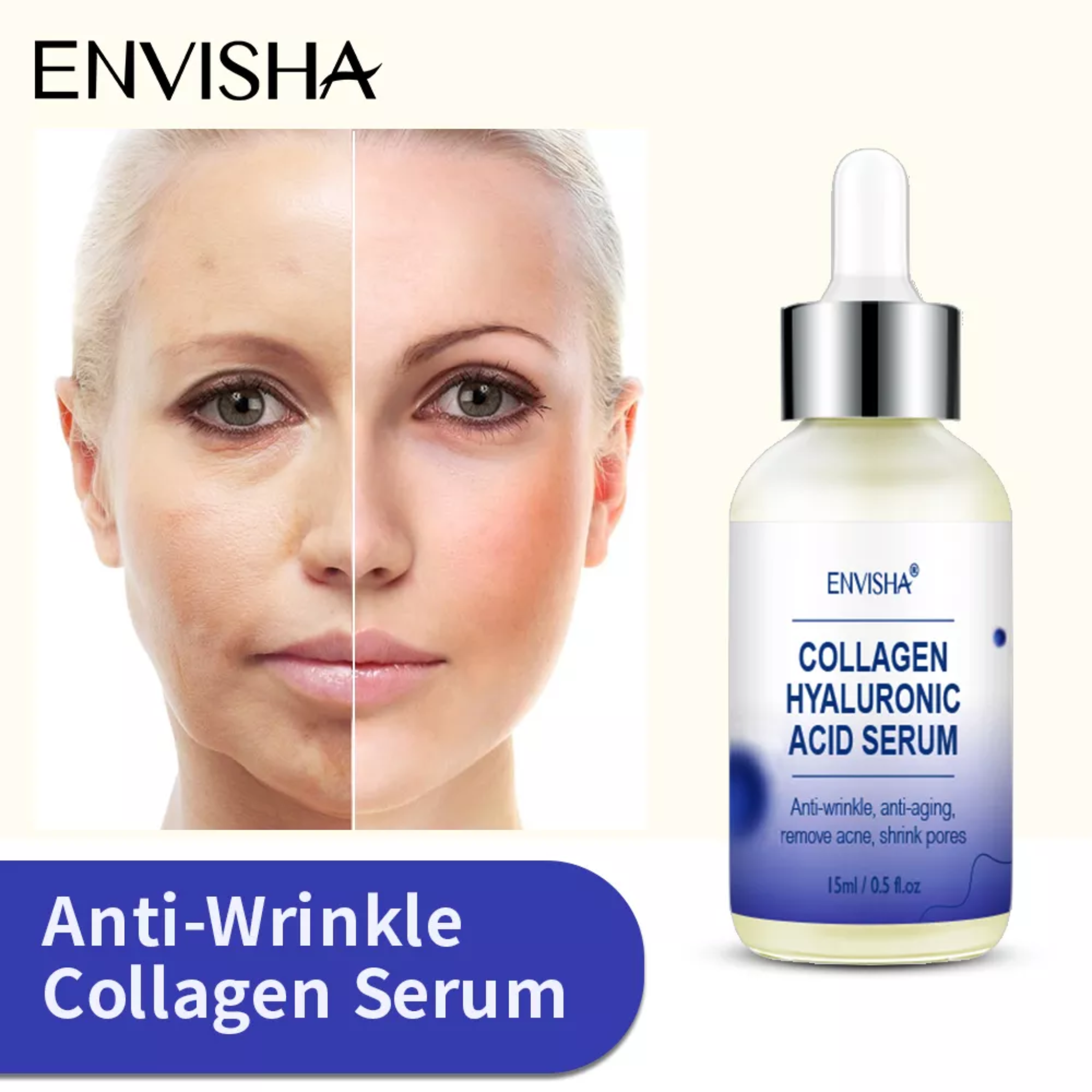 Collagen peptide serum bottle next to woman's face showing before and after visual. A bottle of skincare product containing collagen peptides, known for their anti-aging and skin-rejuvenating properties.