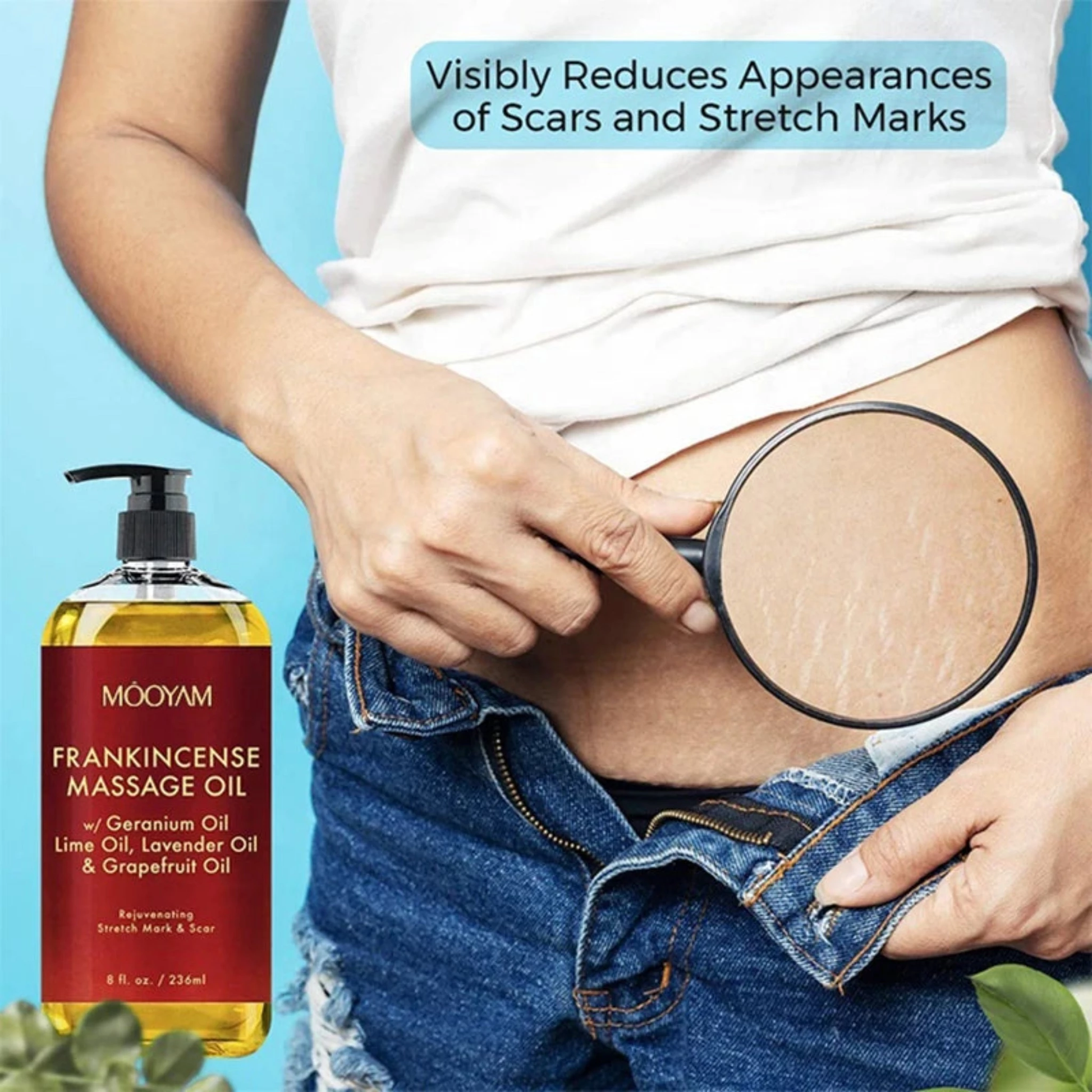 A woman holding a bottle of natural frankincense massage oil to reduce appearances of scars and stretch marks.