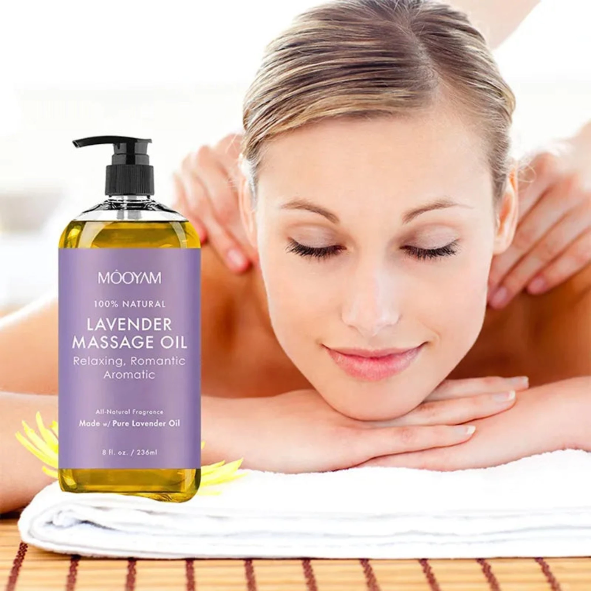 Lavender massage oil. A bottle of natural soothing oil with a calming scent, perfect for a relaxing massage.