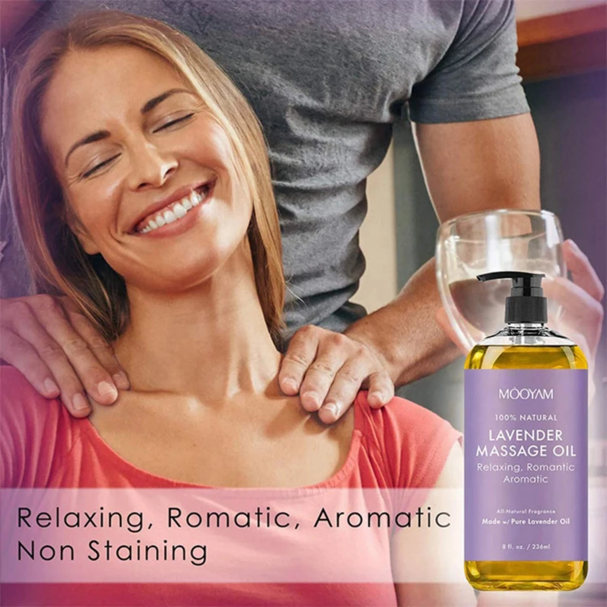 A bottle of natural lavender massage oil with a calming fragrance, perfect for a relaxing massage.