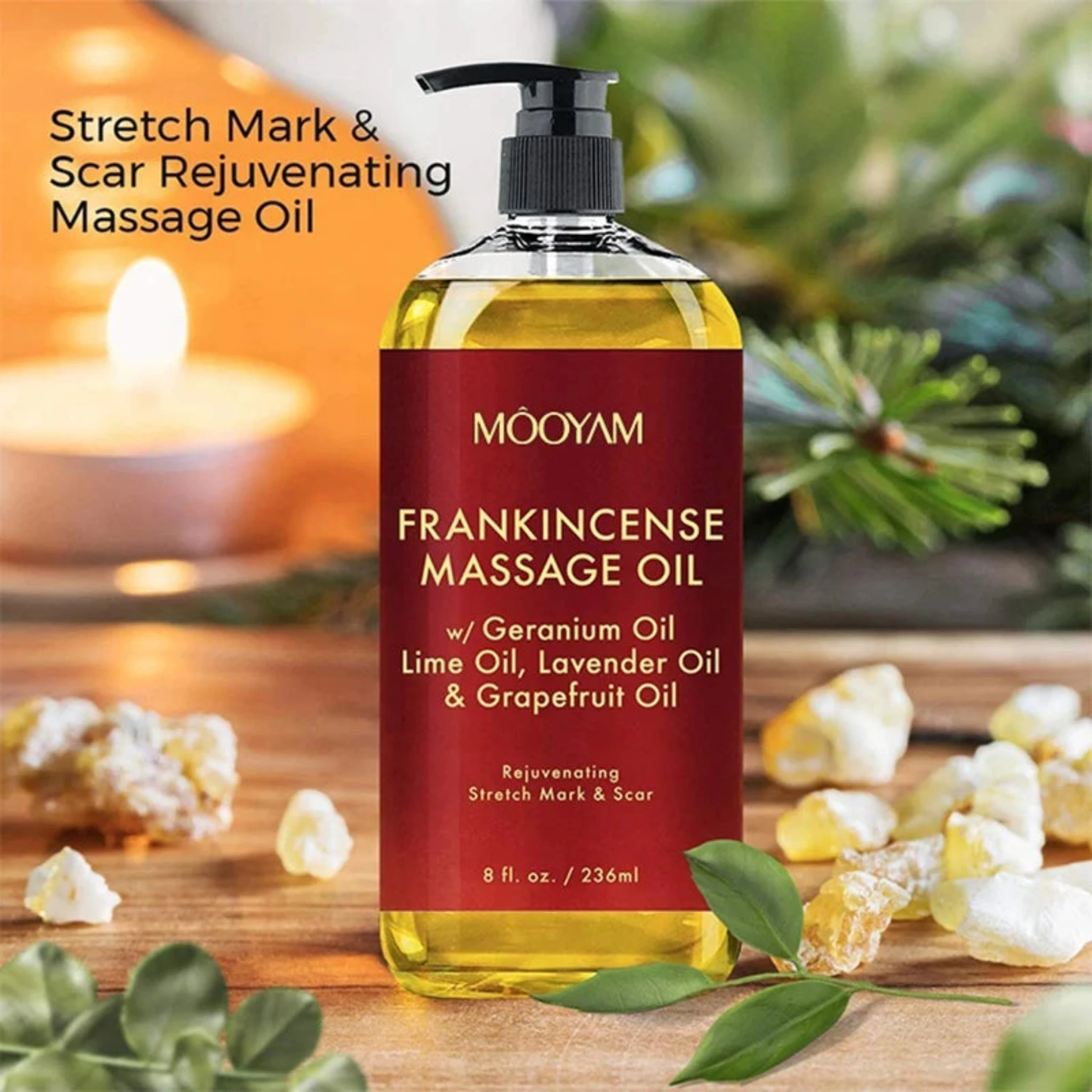 A bottle of natural frankincense massage oil to reduce appearances of scars and stretch marks.