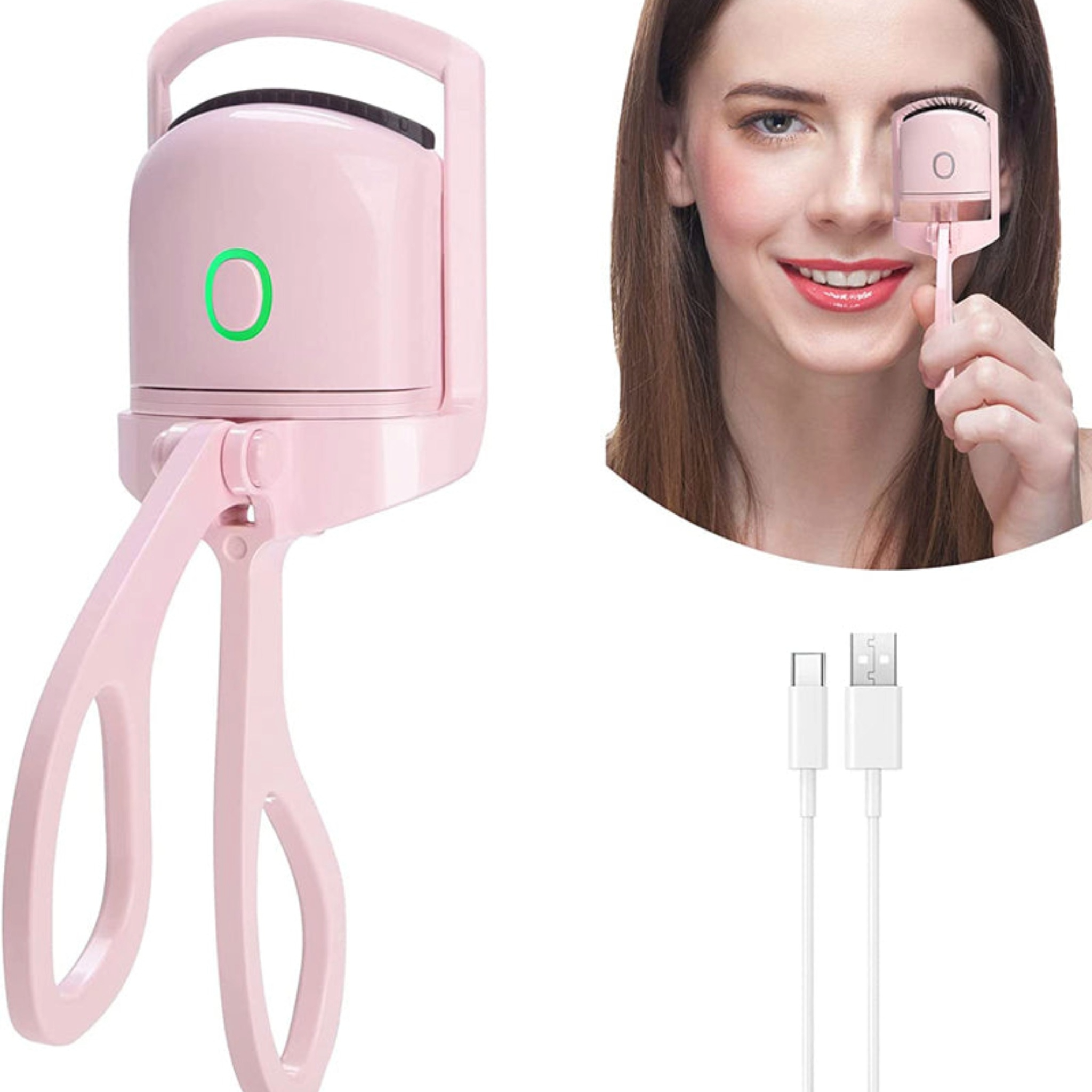 Pink electric heated eyelash curler with USB connection and woman using it on her eyelash.