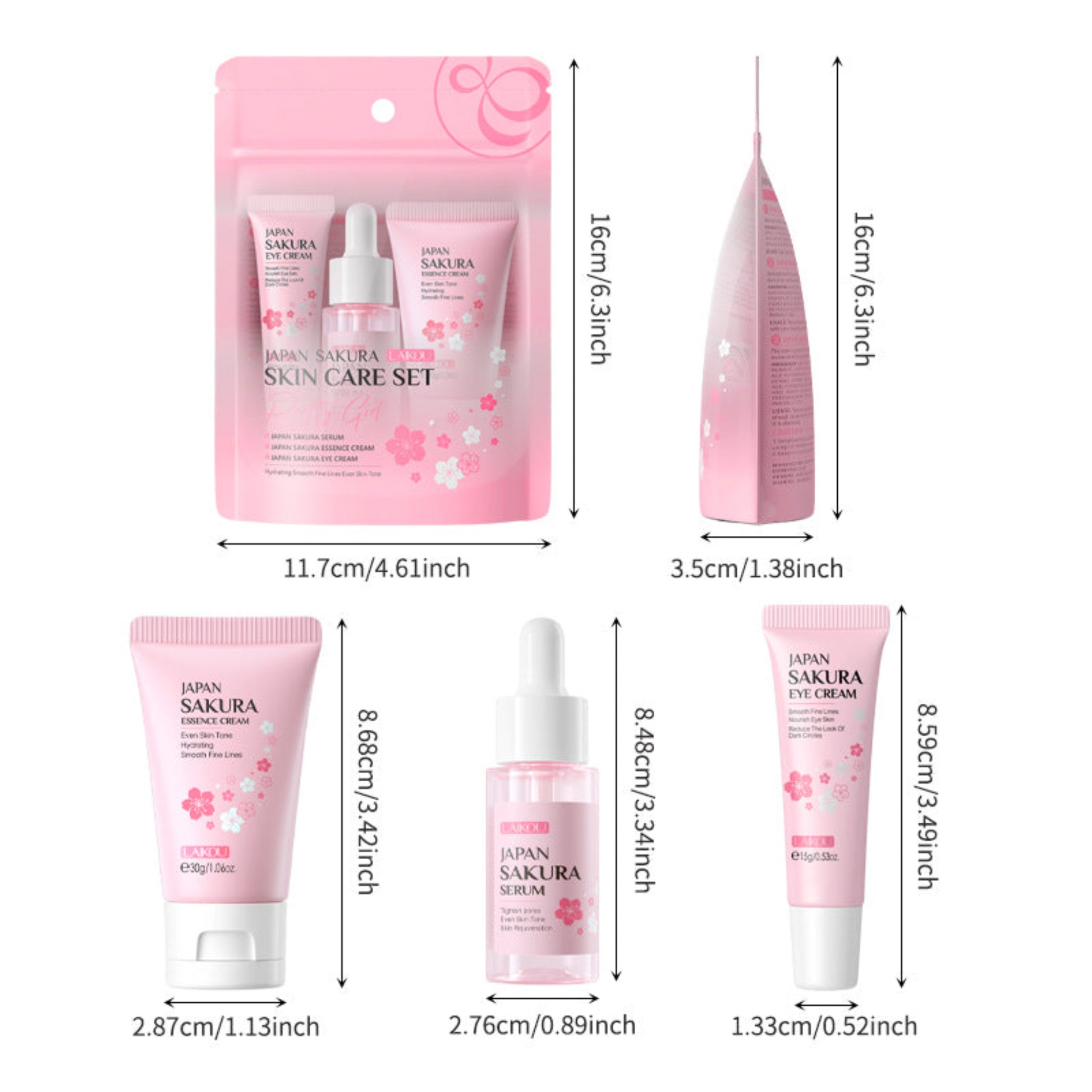 Pink beauty products arranged in a neat display, showing product dimensions for eye cream, essence cream for skin tone, and serum.