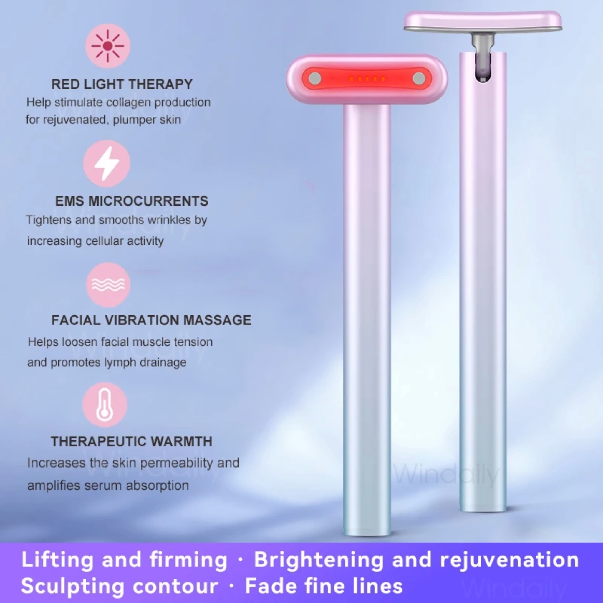 Red Light Therapy Wand displaying different angles and listing the four functions. Red Light Therapy, EMS microcurrents, facial vibration massage and therapeutic warmth.