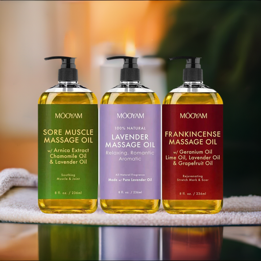 Sore Muscle, Lavender, Frankincense massage oils. A collection of natural aromatic oils for a soothing and rejuvenating massage experience.