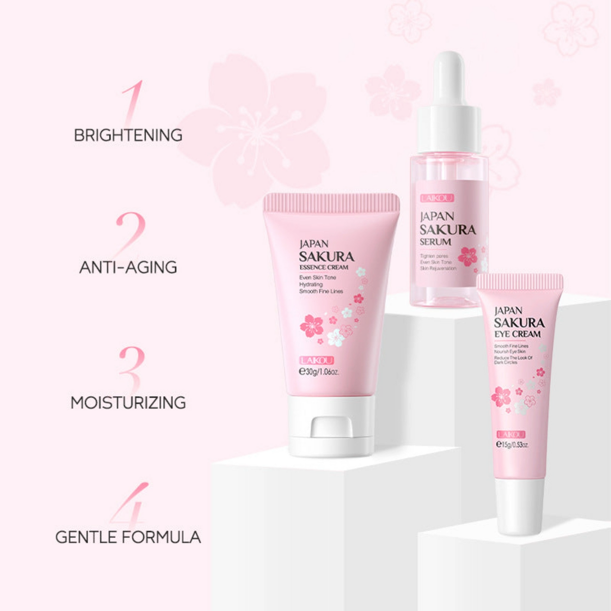 Three piece Japanese Sakura skincare kit for brightening, anti-aging, moisturizing and gentle formula.